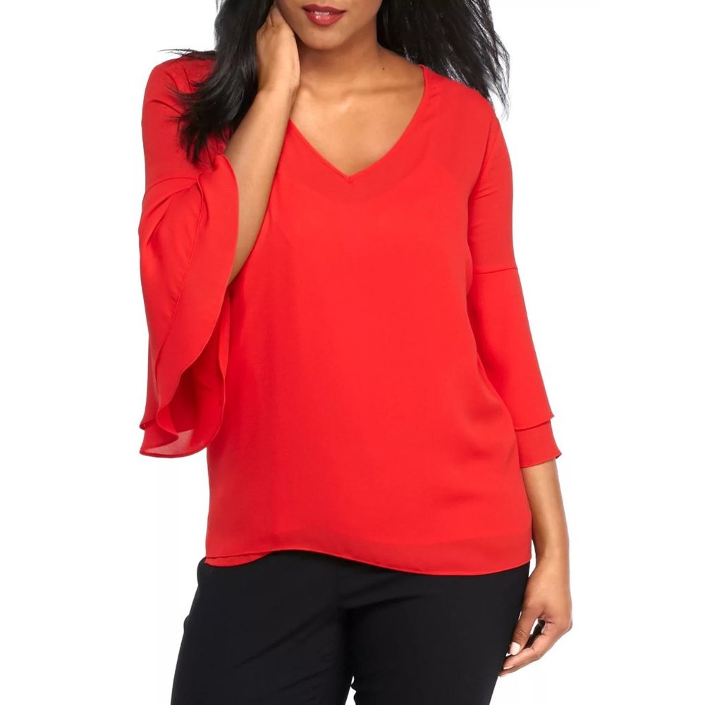 NWT Womens Plus Size 1X or 3X The Limited Red Ruffle Sleeve V-Neck Blouse Top